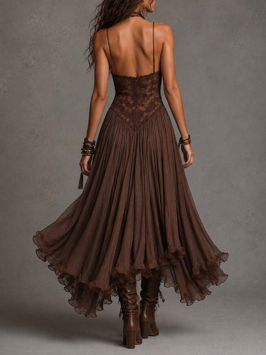 Lucia | Vestido Maxi Marrón Oscuro de Encaje y Gasa