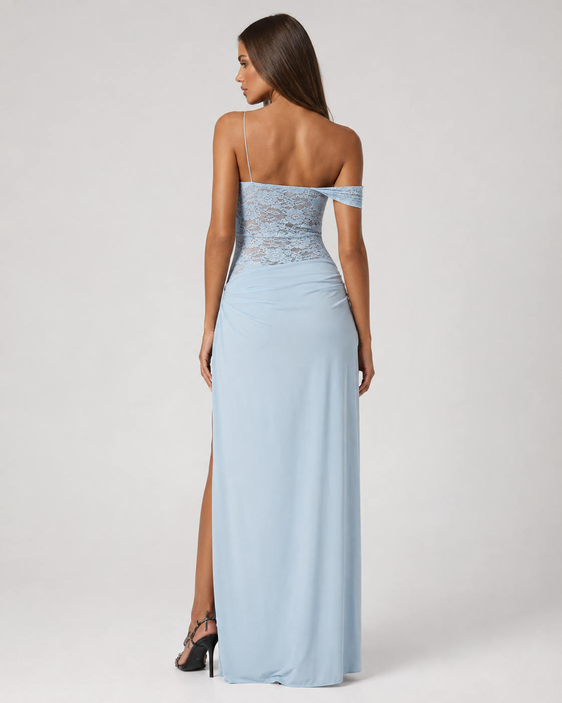 LUNA MUSE - Vestido Maxi de Encaje con Falda Drapeada y Abertura