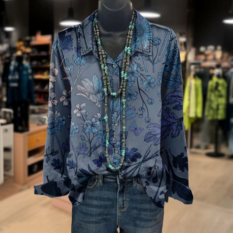 Aurelia - Camisa Casual Floral de Manga Larga con Cuello de Solapa