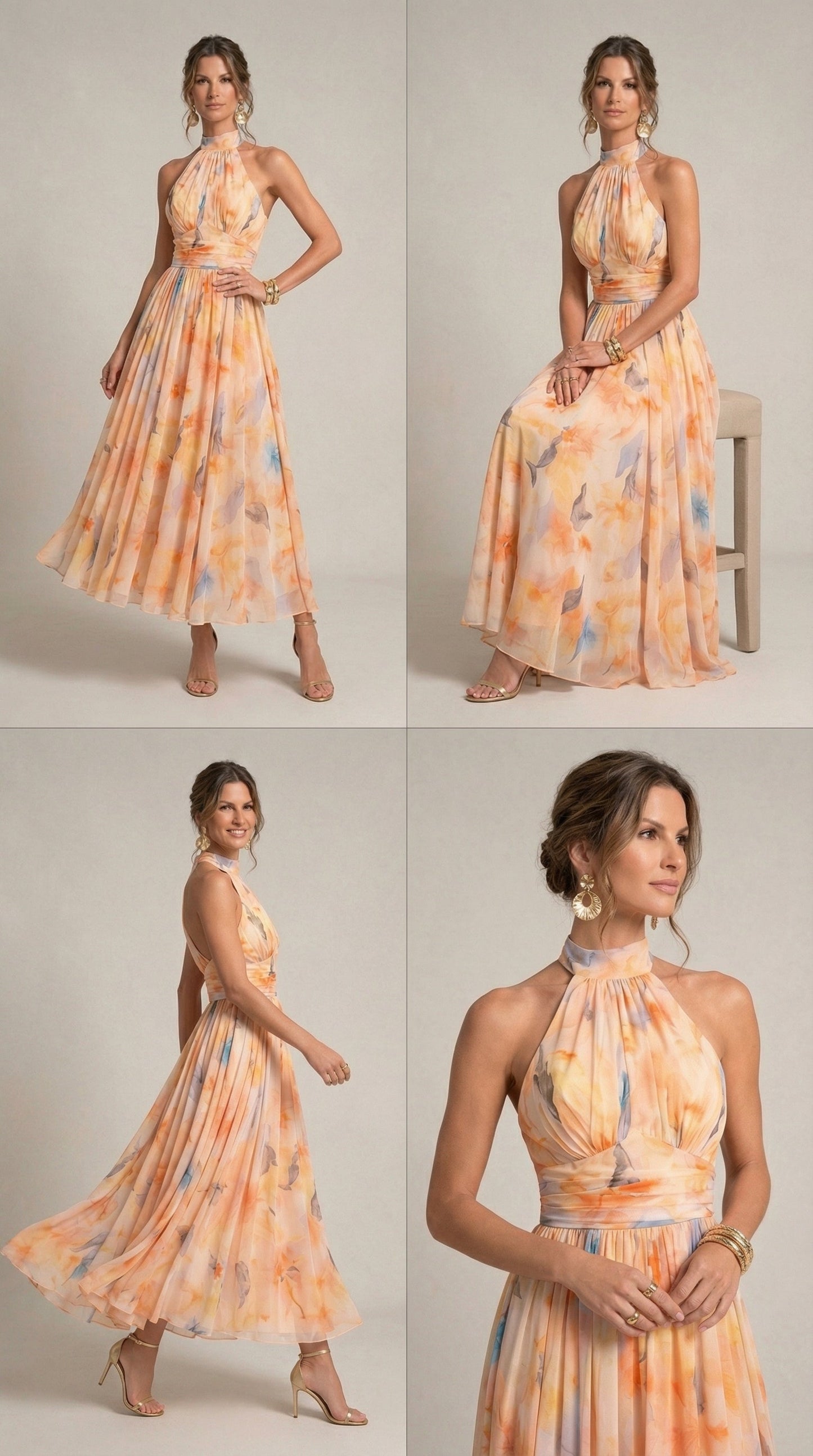 Vestido de Cuello Halter con Estampado de Acuarela - XL