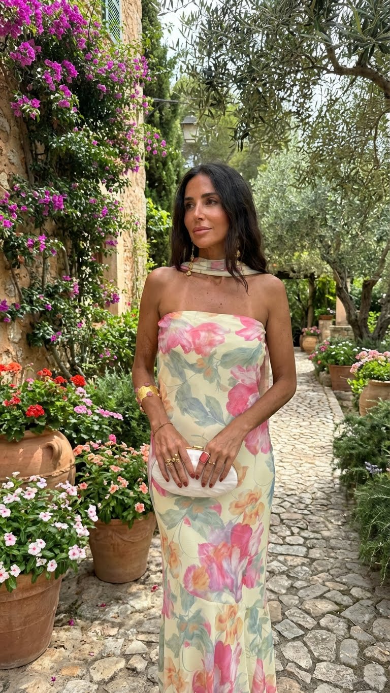Vestido Largo Strapless Floral Acuarela - M