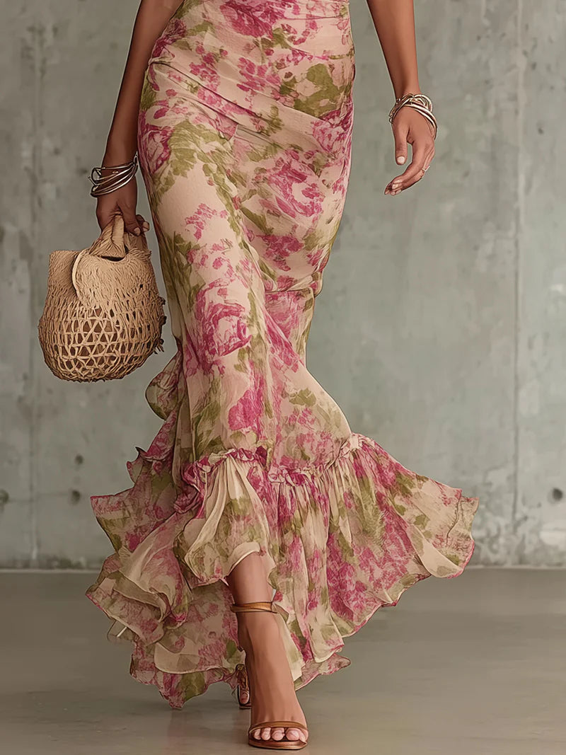 Vestido Largo Vintage con Estampado de Rosas y Mangas Abullonadas Románticas (Accesorios No Incluidos)