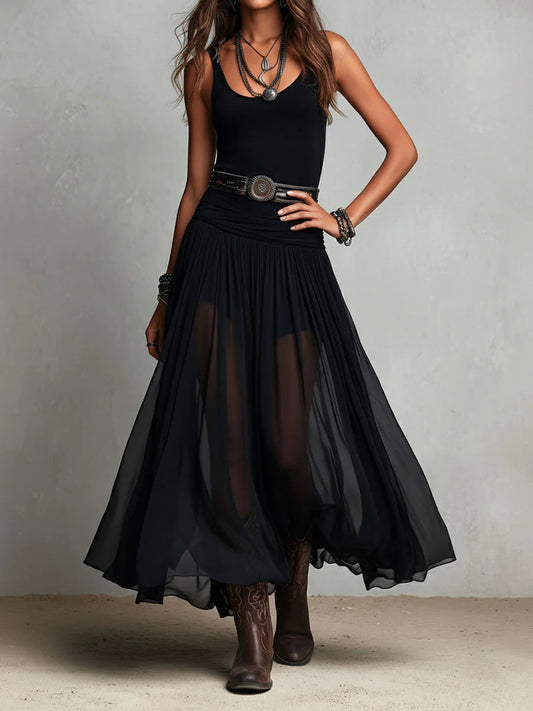 Paola | Vestido Maxi Negro de Tirantes con Falda de Tul (sin cinturón)