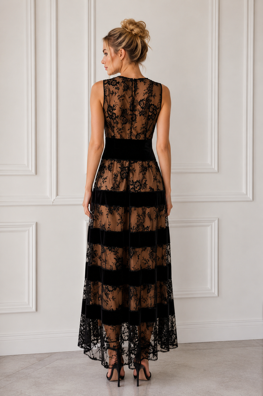 Elegante vestido midi negro de encaje con corte en A
