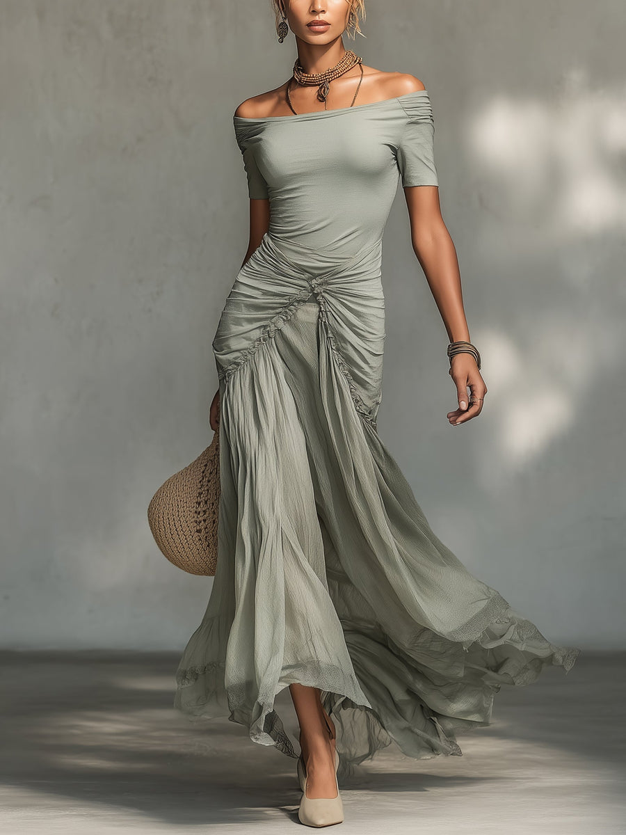 Bianca | Vestido Maxi Gris de Tejido Elástico y Gasa