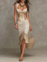 Alessandra | Vestido Midi Bohemio Beige con Ribete de Encaje y Fruncidos