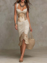 Alessandra | Vestido Midi Bohemio Beige con Ribete de Encaje y Fruncidos