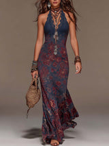 Sofia | Vestido Maxi Retro de Encaje con Cuello Halter y Falda Sirena Floral