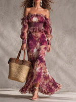 Océane | Elegante Vestido Largo de Gasa Rosa con Estampado Floral y Hombros Descubiertos
