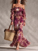 Océane | Elegante Vestido Largo de Gasa Rosa con Estampado Floral y Hombros Descubiertos