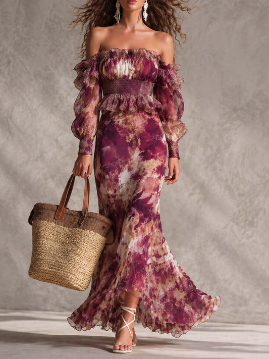 Océane | Elegante Vestido Largo de Gasa Rosa con Estampado Floral y Hombros Descubiertos