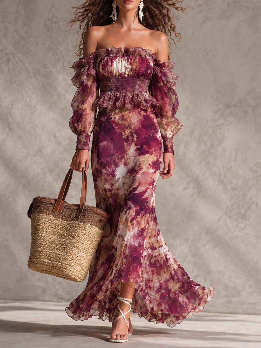 Océane | Elegante Vestido Largo de Gasa Rosa con Estampado Floral y Hombros Descubiertos