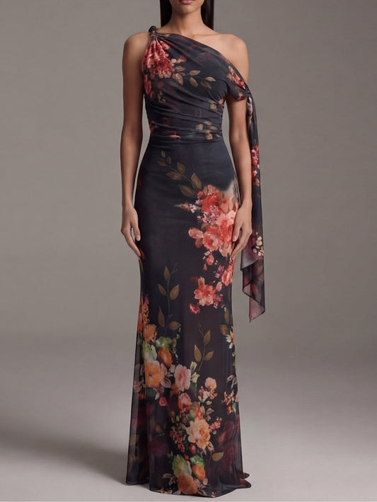 Vestido Largo con Un Solo Hombro de Gasa Plisada Negra con Elegante Estampado
