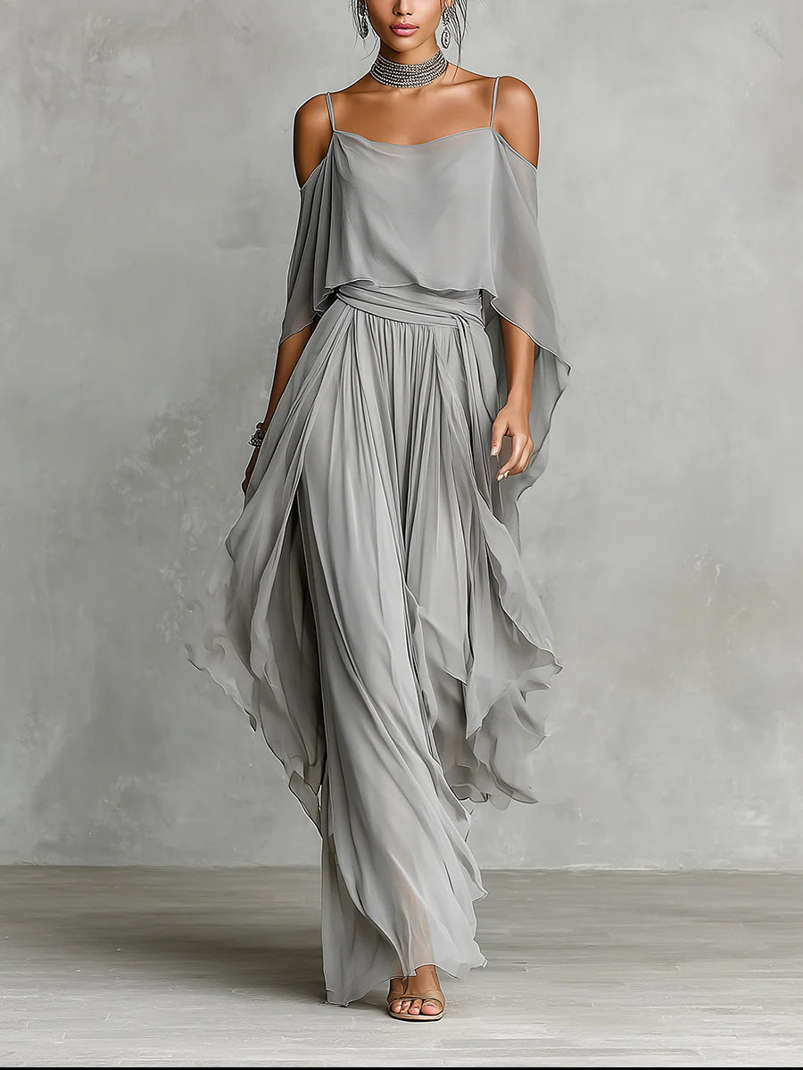 Elegante Conjunto de Camisola y Pantalón de Gasa Fluida con Hombros Descubiertos en Color Gris
