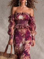 Océane | Elegante Vestido Largo de Gasa Rosa con Estampado Floral y Hombros Descubiertos