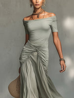Bianca | Vestido Maxi Gris de Tejido Elástico y Gasa