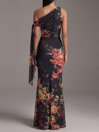 Vestido Largo con Un Solo Hombro de Gasa Plisada Negra con Elegante Estampado