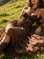 Lucia | Vestido Maxi Marrón Oscuro de Encaje y Gasa