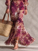 Océane | Elegante Vestido Largo de Gasa Rosa con Estampado Floral y Hombros Descubiertos
