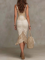Alessandra | Vestido Midi Bohemio Beige con Ribete de Encaje y Fruncidos