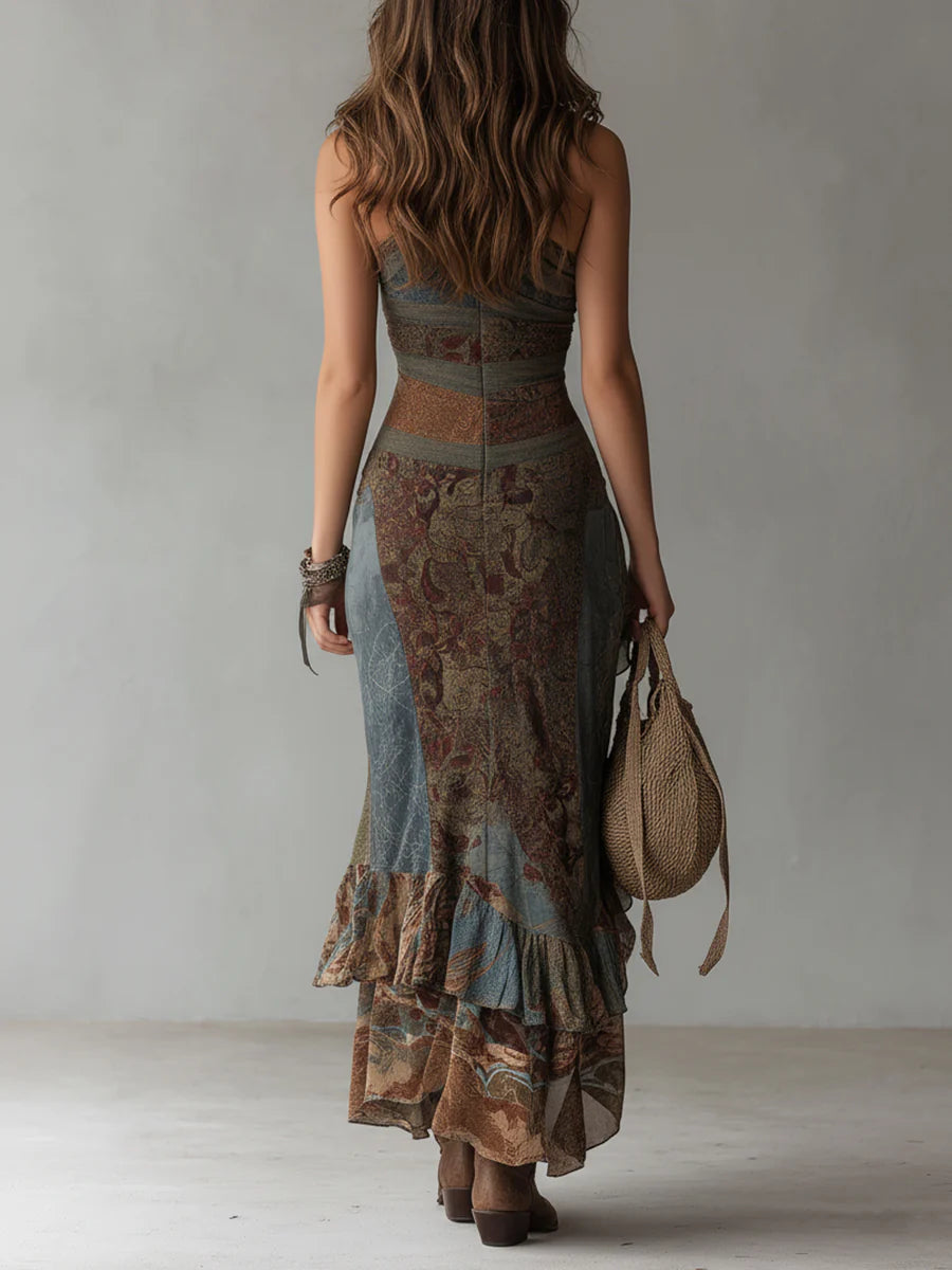 Vestido Largo Asimétrico Estampado de Inspiración Étnica con Elegante Abertura Alta