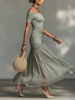 Bianca | Vestido Maxi Gris de Tejido Elástico y Gasa