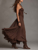 Lucia | Vestido Maxi Marrón Oscuro de Encaje y Gasa