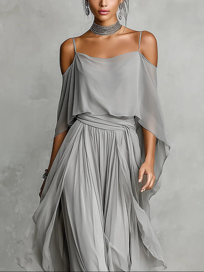 Elegante Conjunto de Camisola y Pantalón de Gasa Fluida con Hombros Descubiertos en Color Gris