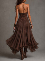 Lucia | Vestido Maxi Marrón Oscuro de Encaje y Gasa