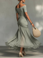 Bianca | Vestido Maxi Gris de Tejido Elástico y Gasa