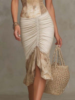 Alessandra | Vestido Midi Bohemio Beige con Ribete de Encaje y Fruncidos