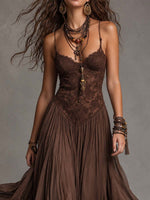 Lucia | Vestido Maxi Marrón Oscuro de Encaje y Gasa