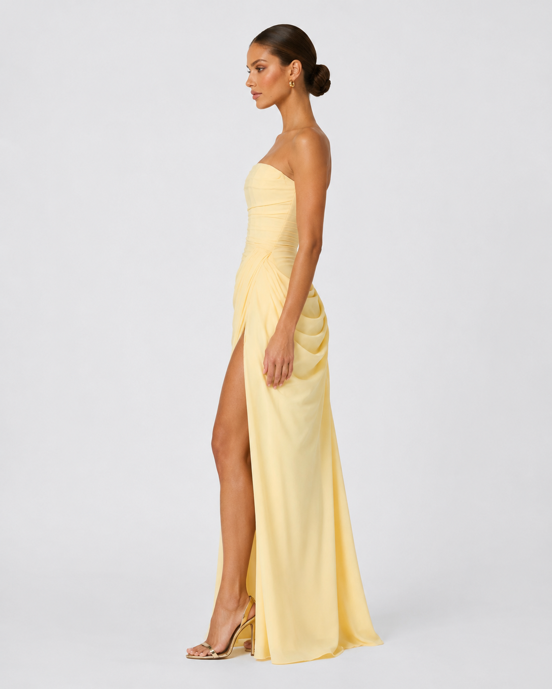 CELESTE - Vestido Maxi Palabra de Honor con Drapeado y Abertura