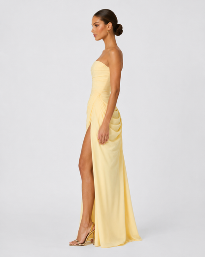CELESTE - Vestido Maxi Palabra de Honor con Drapeado y Abertura