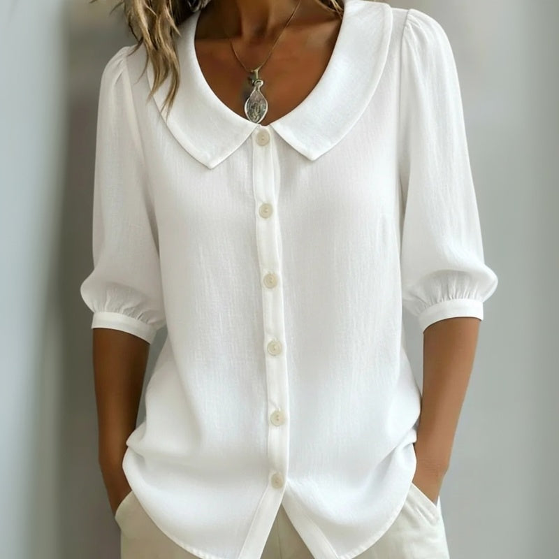 LÉONIE - Camisa Casual de Color Liso con Manga Media y Cuello de Solapa