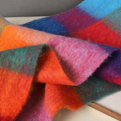 AMELIE - Bufanda Cálida de Cuadros Multicolor con Flecos