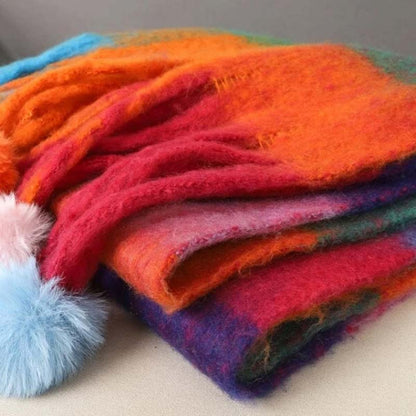 AMELIE - Bufanda Cálida de Cuadros Multicolor con Flecos