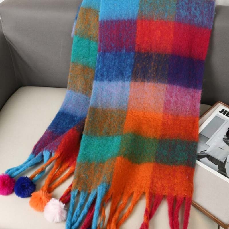 AMELIE - Bufanda Cálida de Cuadros Multicolor con Flecos
