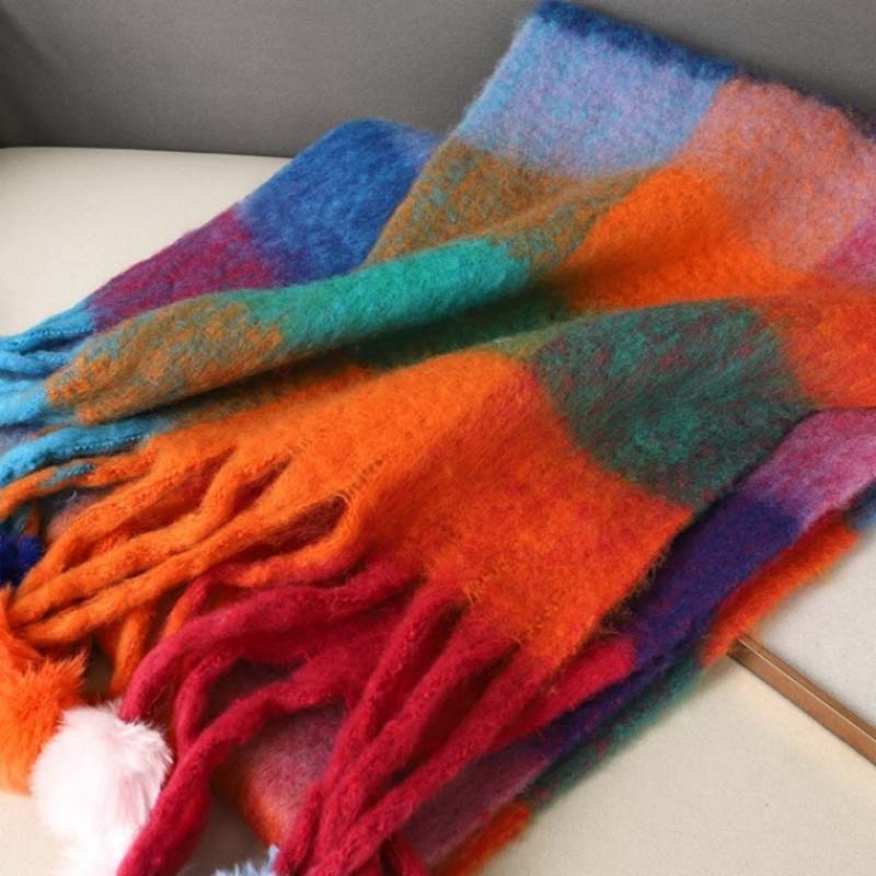 AMELIE - Bufanda Cálida de Cuadros Multicolor con Flecos
