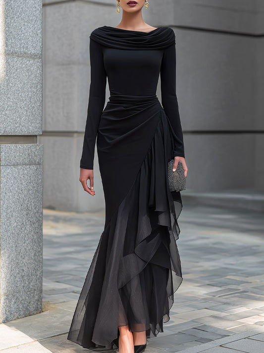 Gabriella | Vestido Maxi Sirena Negro Drapeado con Hombros Descubiertos y Volantes de Gasa