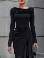 Gabriella | Vestido Maxi Sirena Negro Drapeado con Hombros Descubiertos y Volantes de Gasa