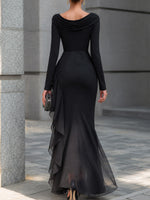 Gabriella | Vestido Maxi Sirena Negro Drapeado con Hombros Descubiertos y Volantes de Gasa