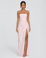 CELESTE - Vestido Maxi Palabra de Honor con Drapeado y Abertura