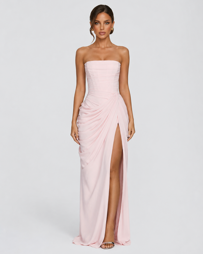 CELESTE - Vestido Maxi Palabra de Honor con Drapeado y Abertura