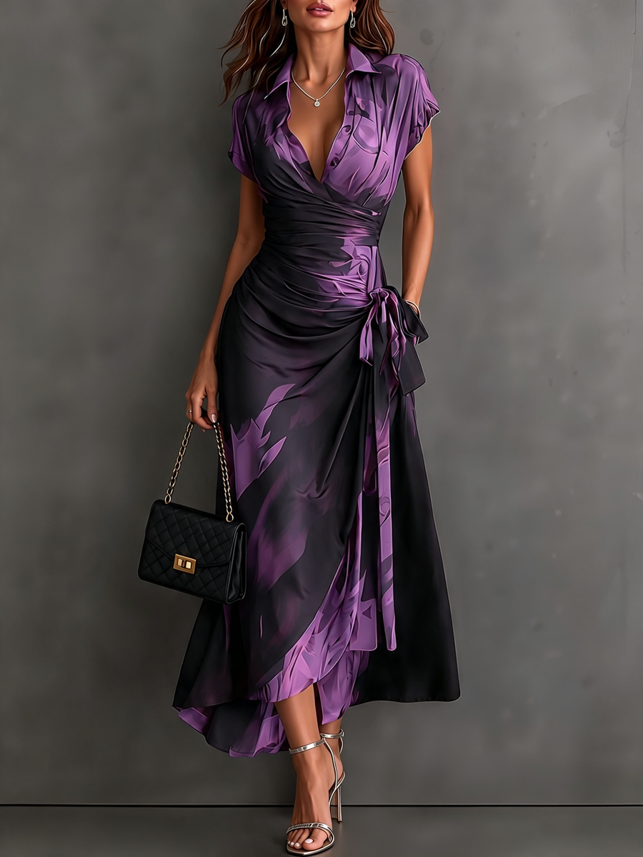 Elisa | Vestido Midi Cruzado con Estampado Abstracto, Morado