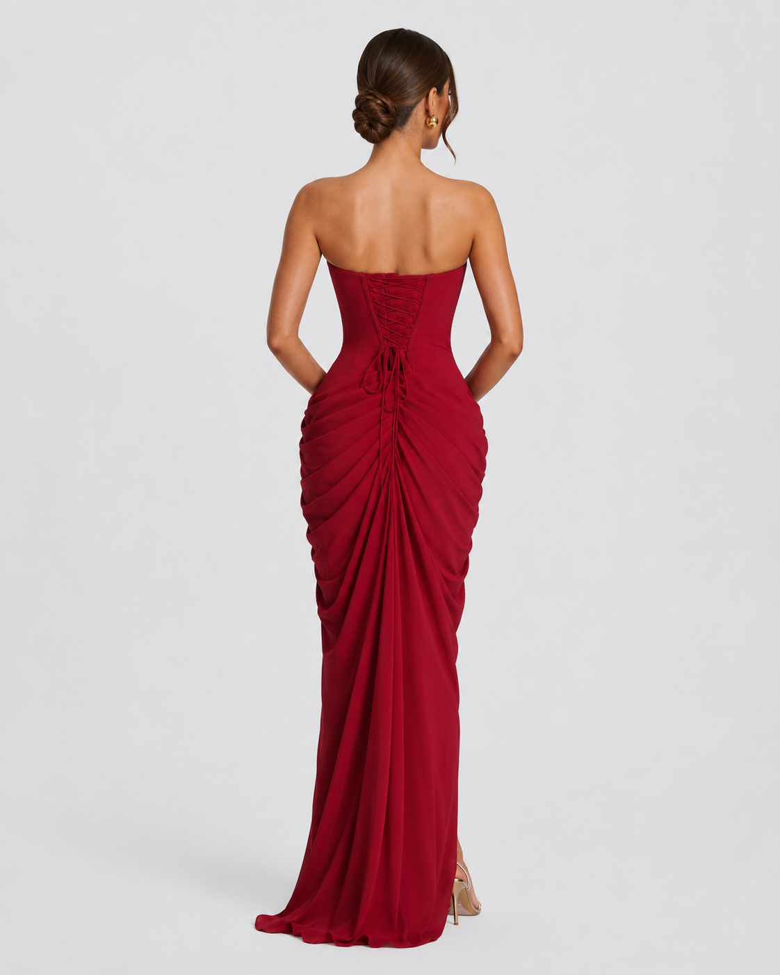 CELESTE - Vestido Maxi Palabra de Honor con Drapeado y Abertura