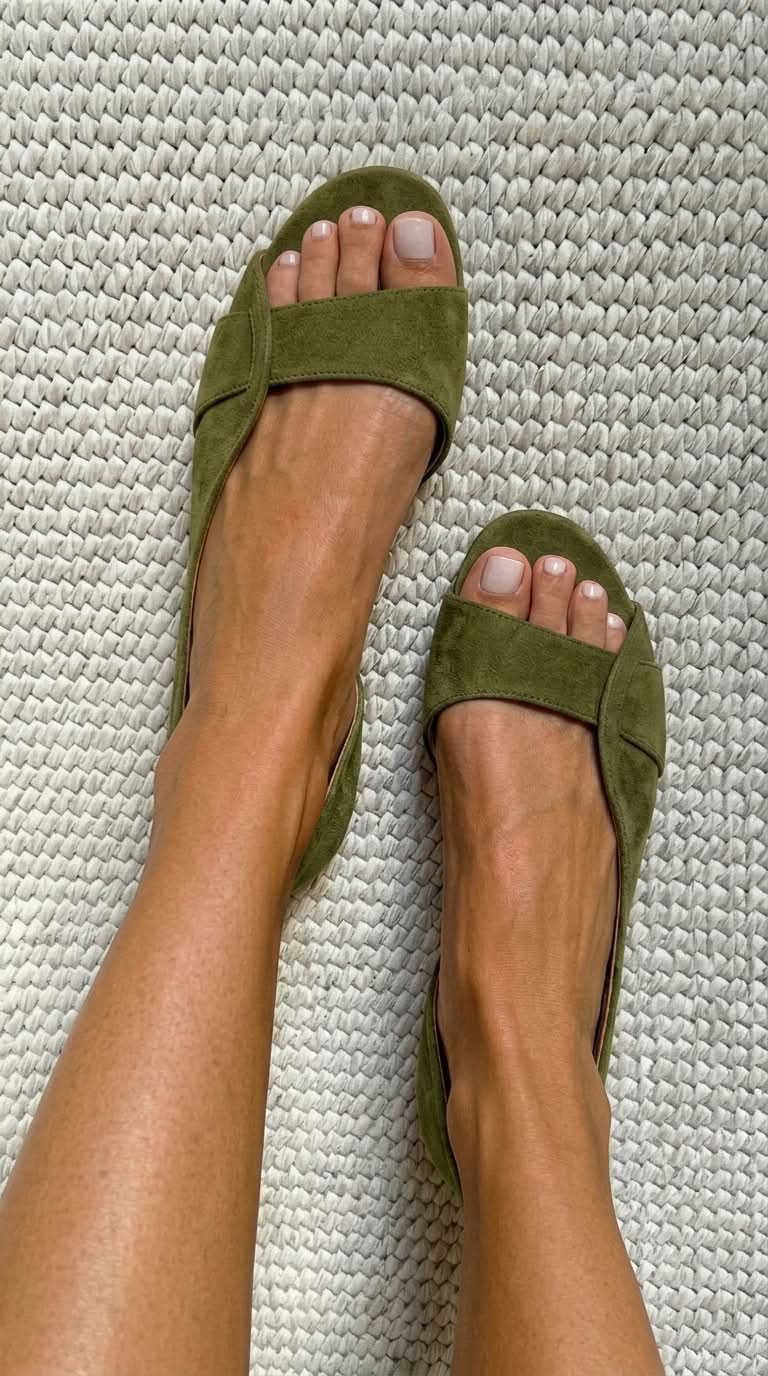 Sandalias planas casuales de ante con talón descubierto y puntera abierta.