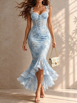 Isabella | Vestido Midi Sirena Azul Floral Romántico con Ribete de Encaje