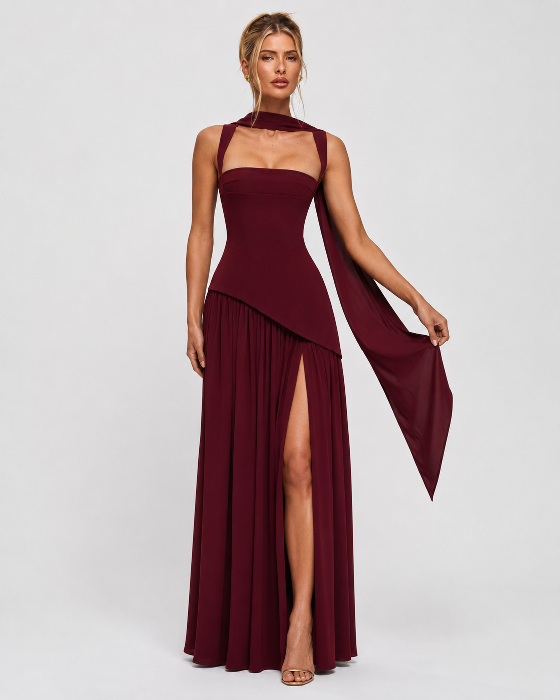 ARIANA - Vestido Maxi Corsé con Abertura y Pañuelo