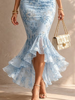 Isabella | Vestido Midi Sirena Azul Floral Romántico con Ribete de Encaje